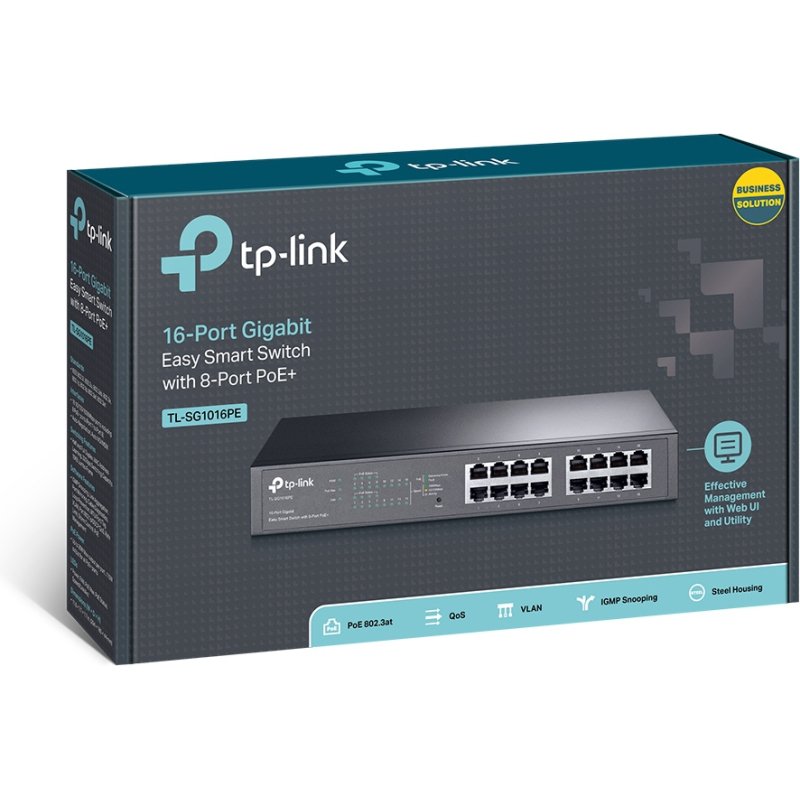 TP-Link TL-SG1016PE Géré L2 Gigabit Ethernet (10/100/1000) Connexion Ethernet, supportant l'alimentation via ce port (PoE) 1U Noir
