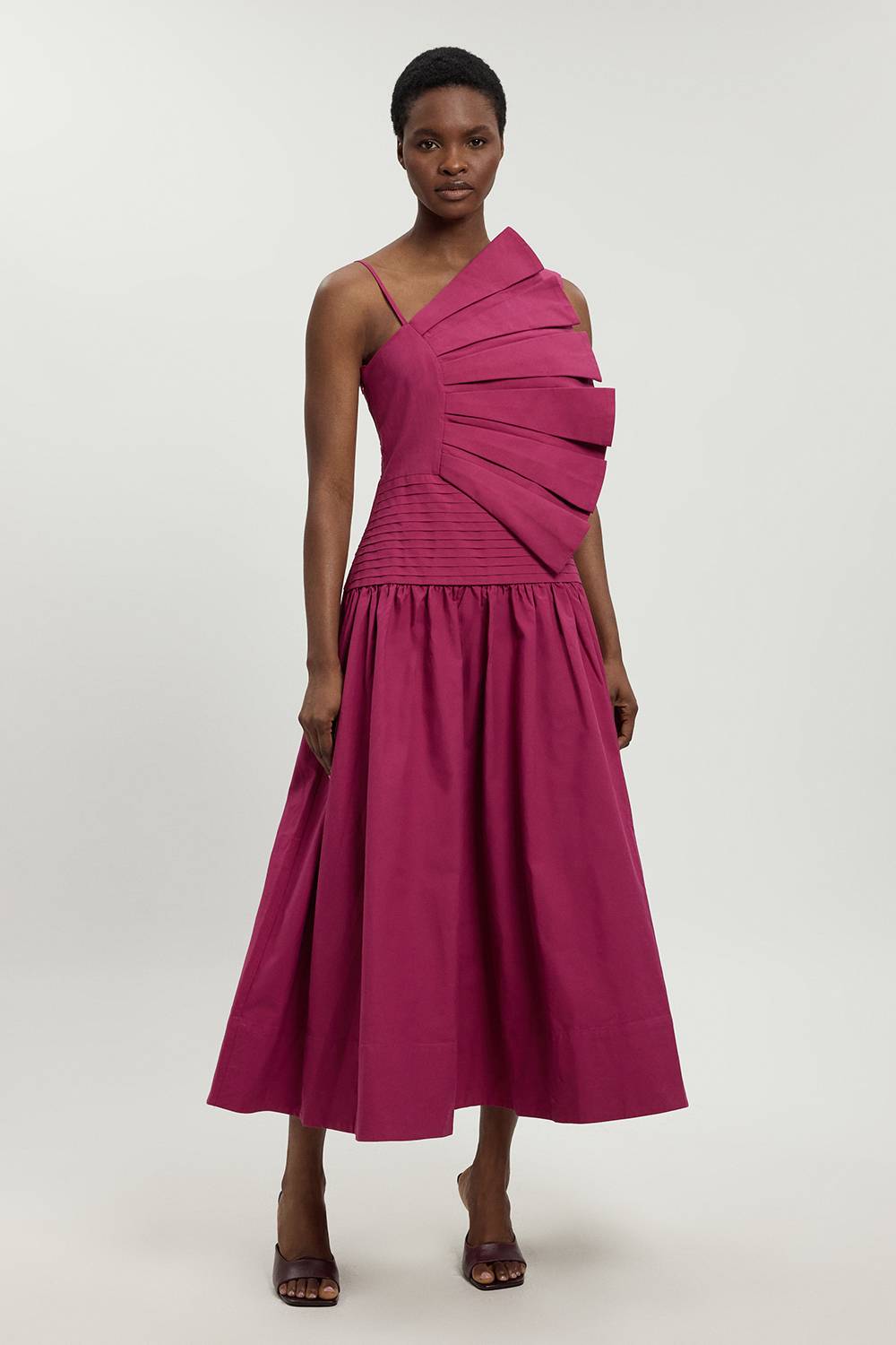 KarenMillen Robe Midi Tissée En Popeline De Coton Avec Détail De Plis 3D Petite