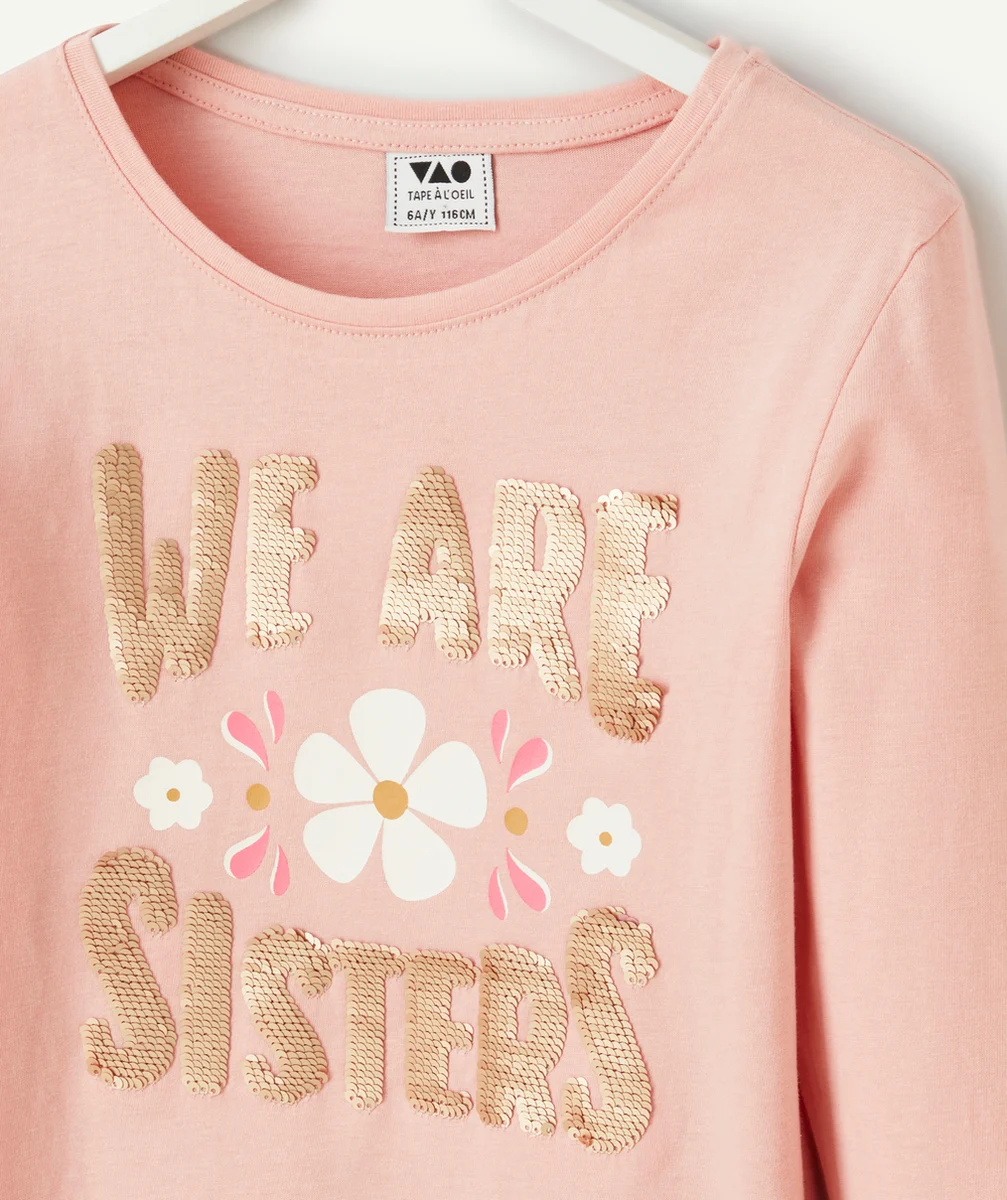 T-SHIRT MANCHES LONGUES FILLE EN COTON ROSE AVEC MESSAGE EN SEQUINS