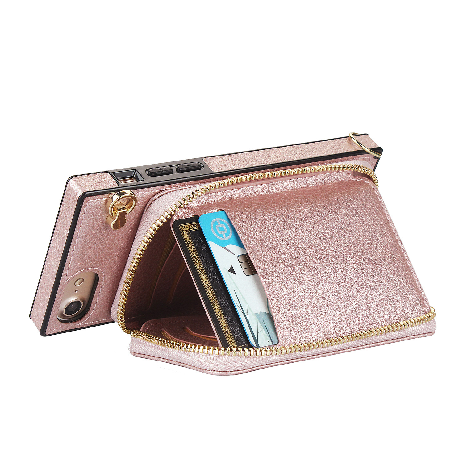 iPhone SE (2022/2020) / 8 / 7 / 6S Necklace Leder Schutz Hülle mit Kartenfächer   Handykette (140cm) - Roségold