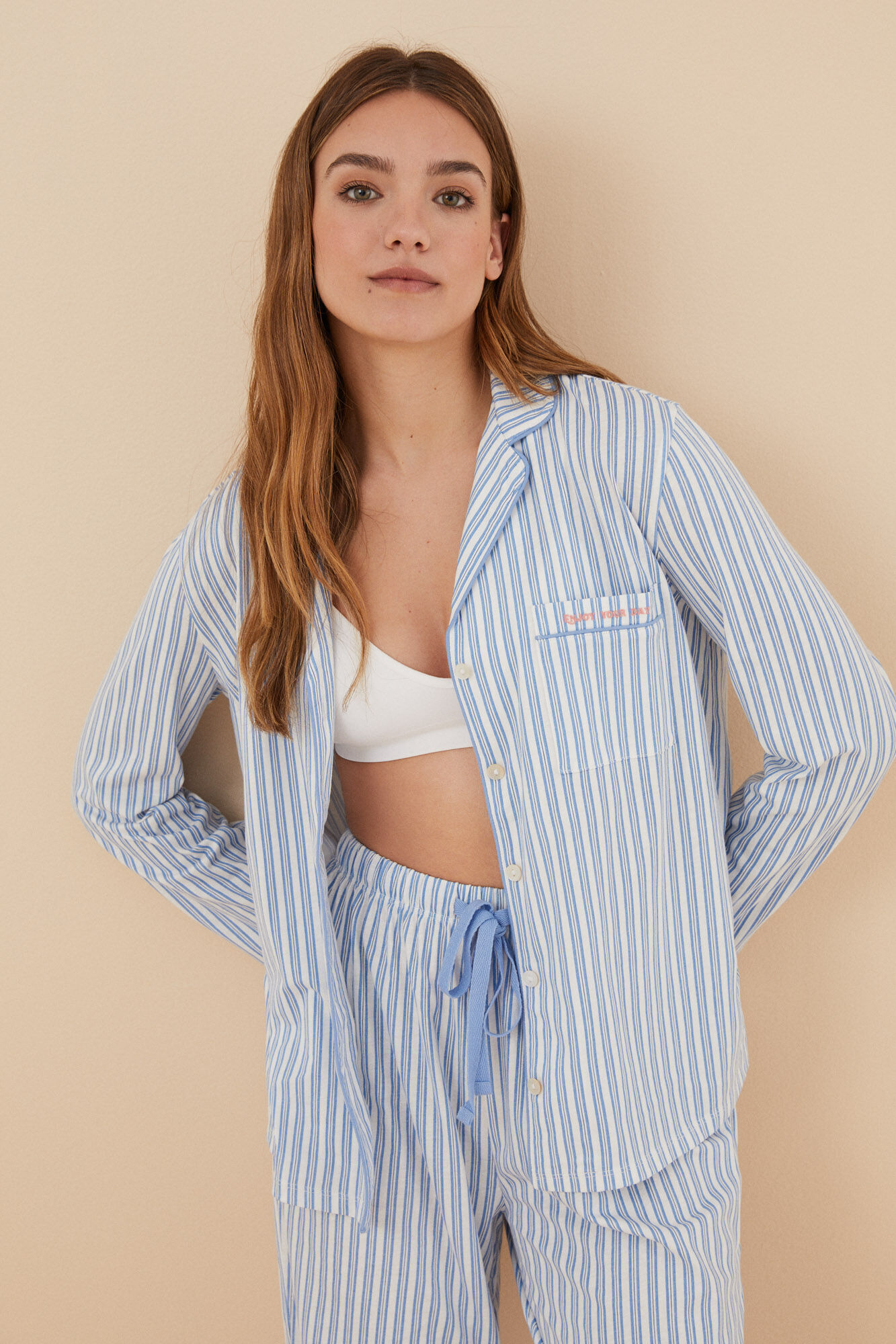 Pijama estilo camisa listrada 100% algodão azul
