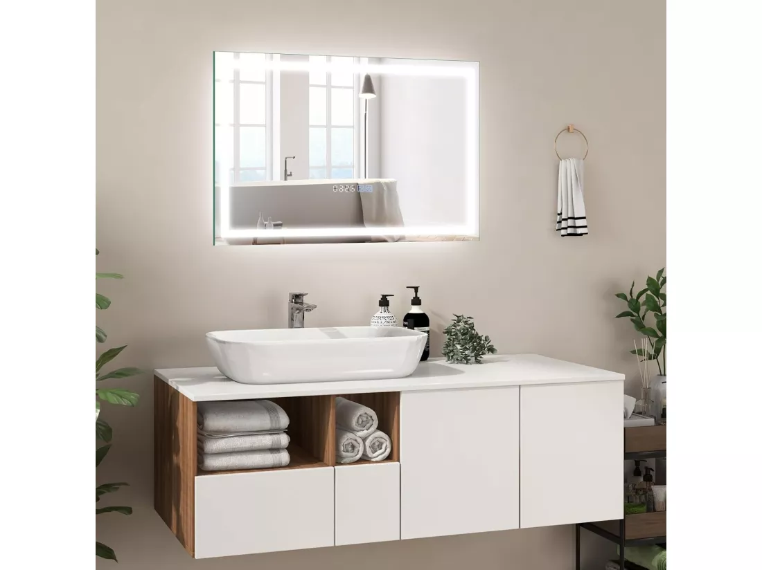 Miroir Salle de Bain 70 x 50 cm, Miroir Rectangulaire Anti-Buée, 3000-6000K, Luminosité Réglable, Miroir Maquillage, Affichage Temps, Miroir Mural, Interrupteur Tactile, Fonction Mémoire