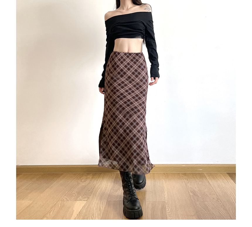 SisLinda - Midi A-lijn rok met geruite midi-rok met middelhoge taille