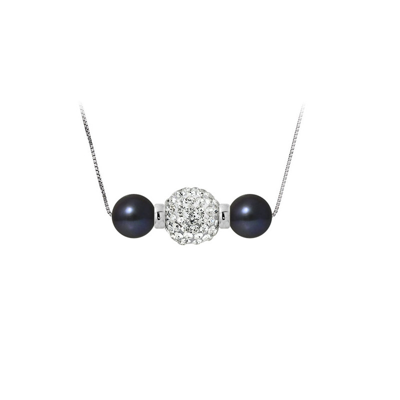 Collier Perles de culture Noires, cristal et Argent 925