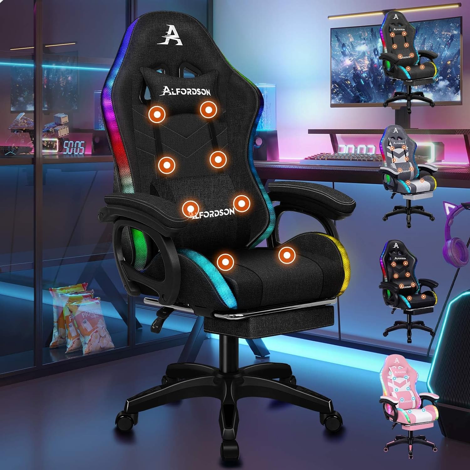 ALFORDSON Racing Gaming Stuhl, Massage Gamer Stuhl mit 12 LED Farben RGB Beleuchtung, Ergonomischer Sessel mit Lordosenstütze, Liegestuhl mit Fußstütze, Stoffmaterial, Schwarz