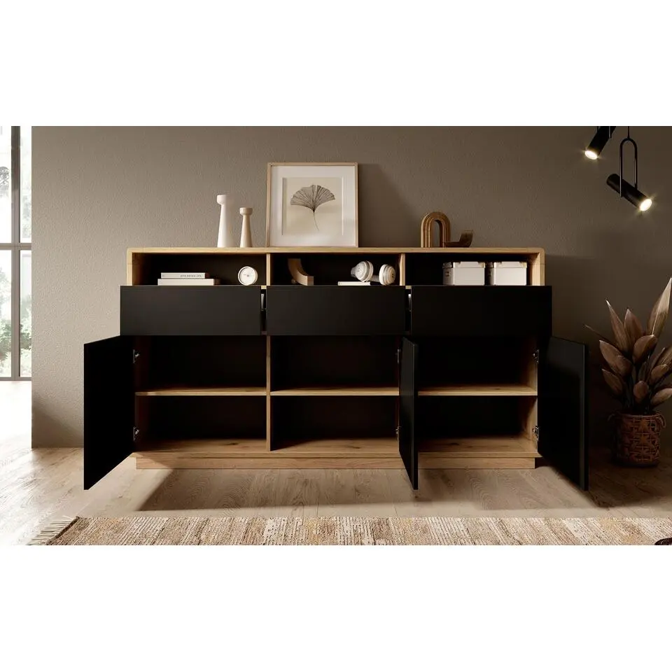 Meubella - Dressoir Acuna - Mat zwart - Eiken - 180 cm