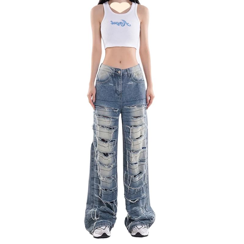 Vhancy - High Rise Washed Distressed Wide Leg Jeans