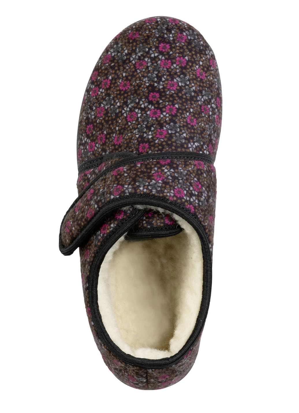 Klettschuh-Hauschuh aus floral bedrucktem Textilmaterial