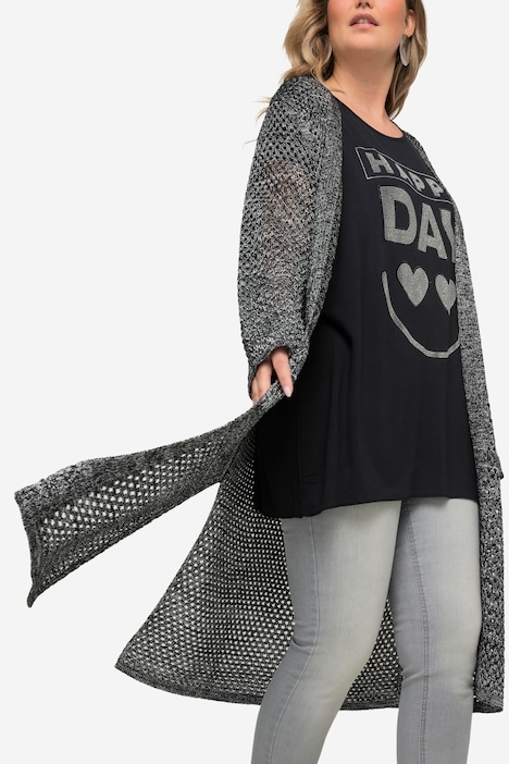 Long-Strickjacke, Ajourstrick, Metallic-Effekt, Langarm