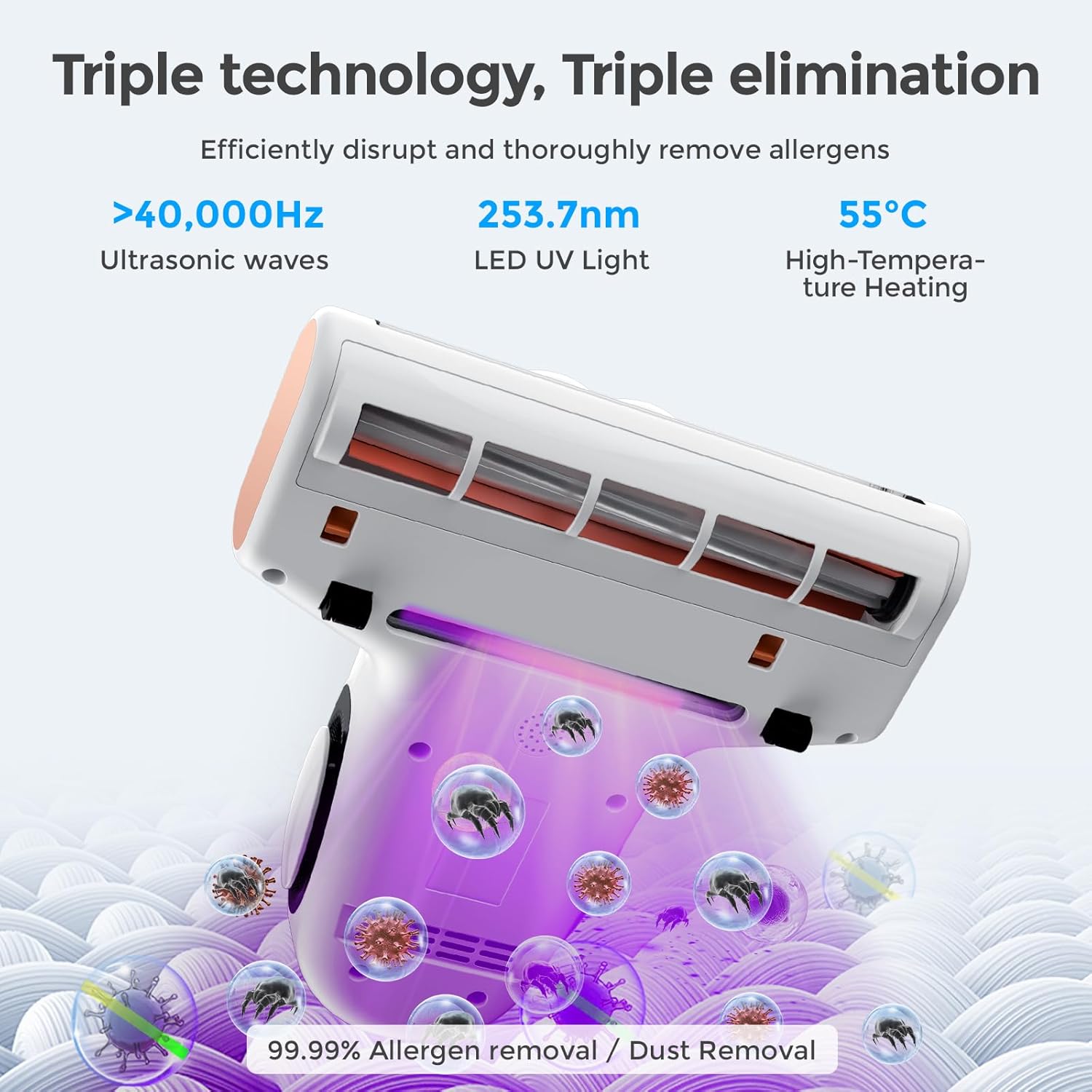 JIGOO J300 Milbensauger mit Staubmilben-Sensor und mit UV-Licht, 500W Milbenstaubsauger mit Intelligente LED-Anzeige, Für Allergiker, entfernt 99,9% Allergene, Für Matratzen, Betten und Sofas