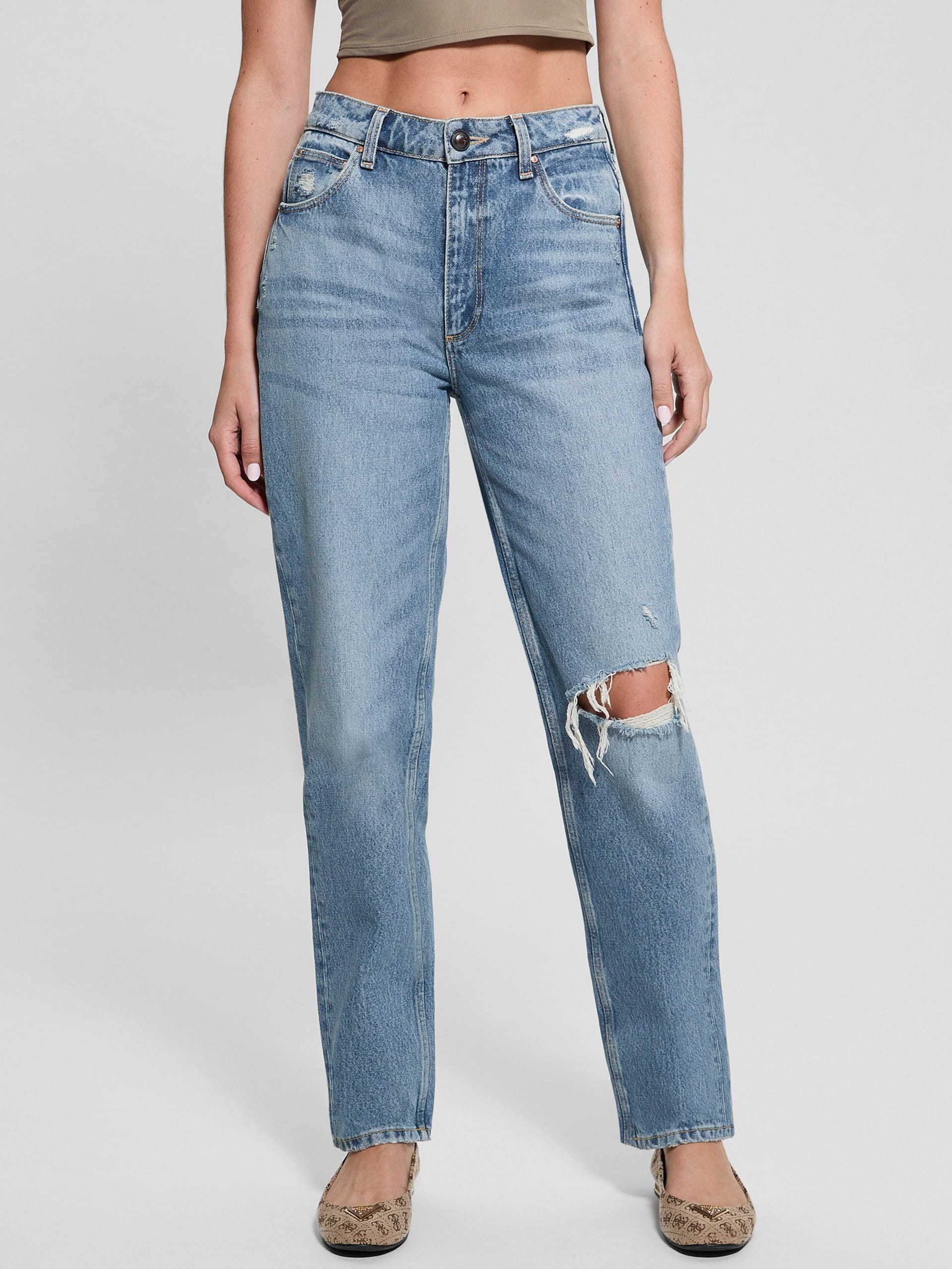 Calça jeans mom eco destroyed
