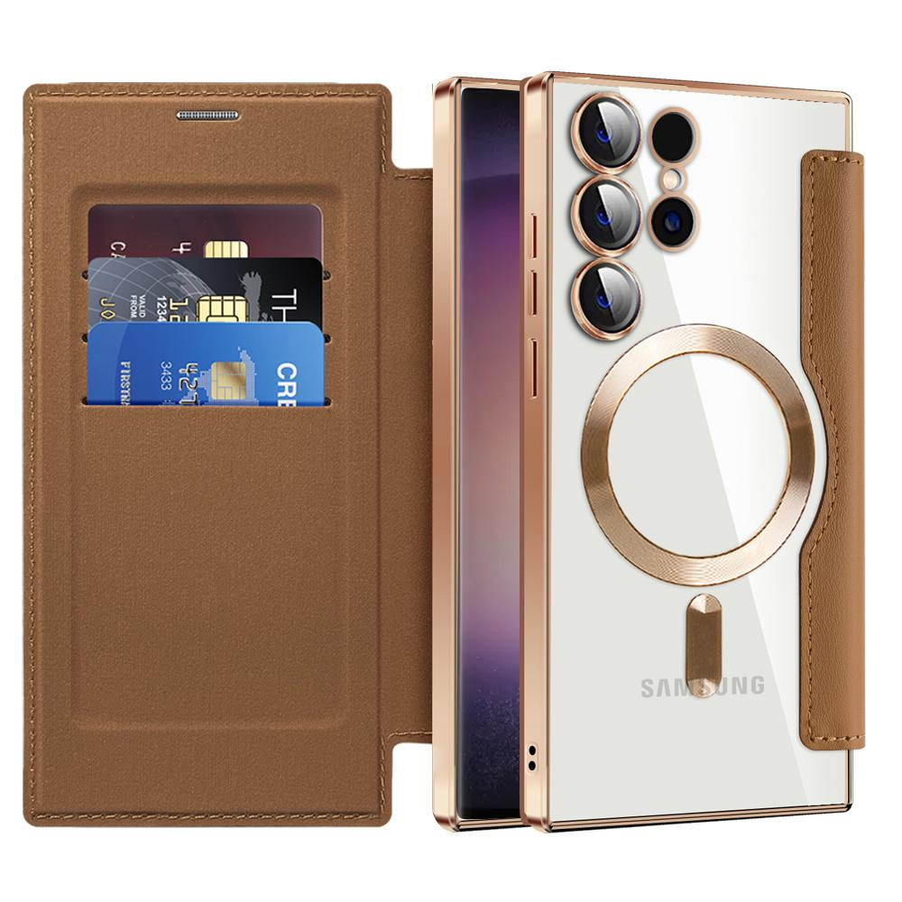 Samsung Galaxy S24 Ultra Hybrid Leder Tasche   Kunststoff Rückseite MagSafe-Modul - Braun / Transparent