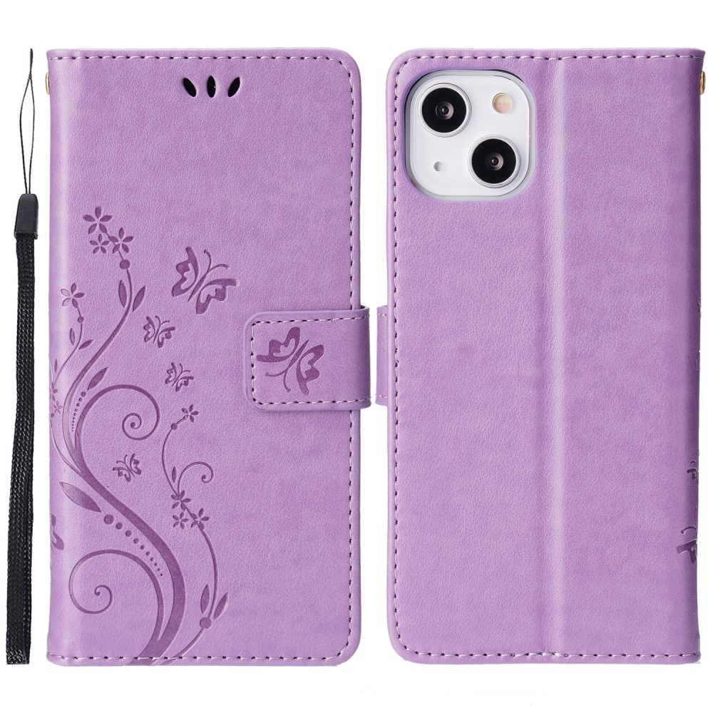 iPhone 13 Leder Tasche mit Kartenfach   Handschlaufe Butterfly Flowers - Lila