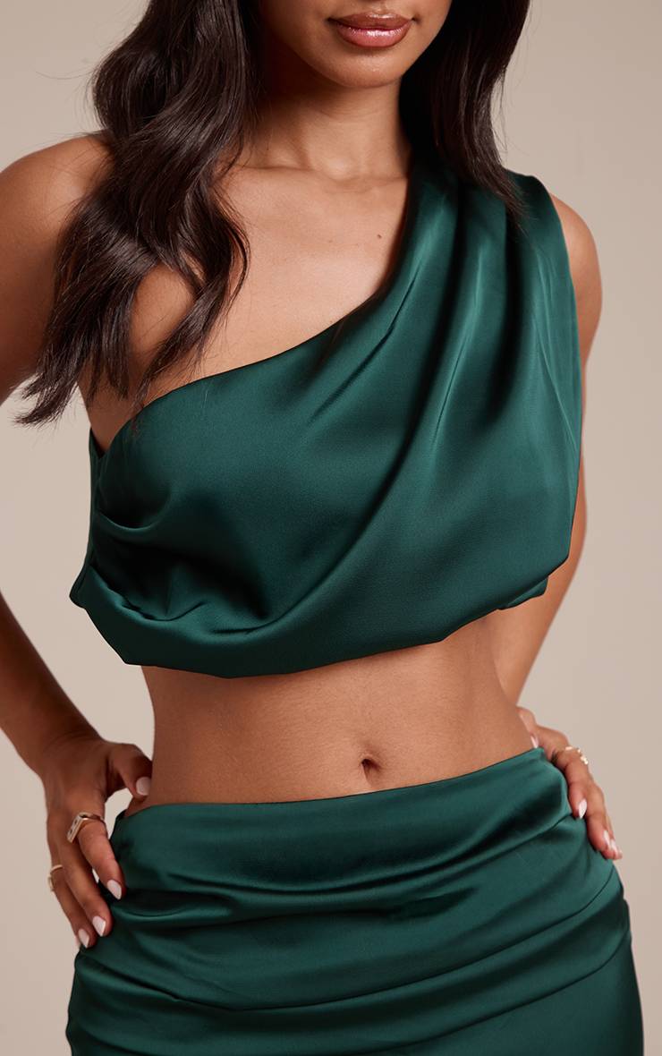 Vert Olive Foncé Top Fluide Drapé Asymétrique Une Épaule Petite