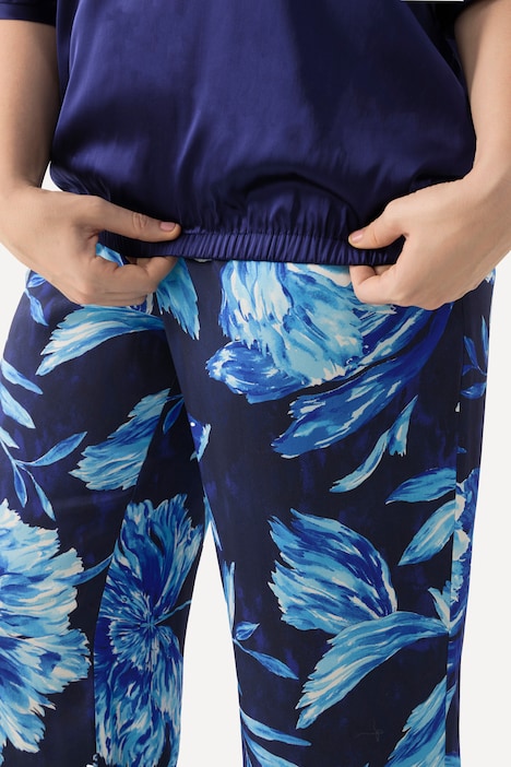 Satinbluse, Oversized, V-Ausschnitt, Halbarm, Gummisaum