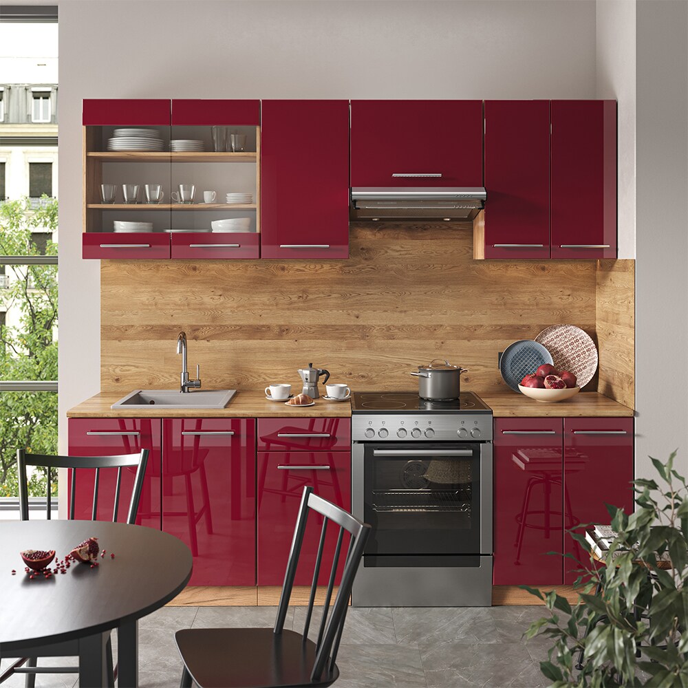 Vicco Küchenzeile Küchenblock Einbauküche Fame-Line Eiche Rot Bordeaux 240 cm modern Küchen Schränke Spülenunterschrank Schubunterschrank Hängeschrank Hängeglasschrank Hochglanz