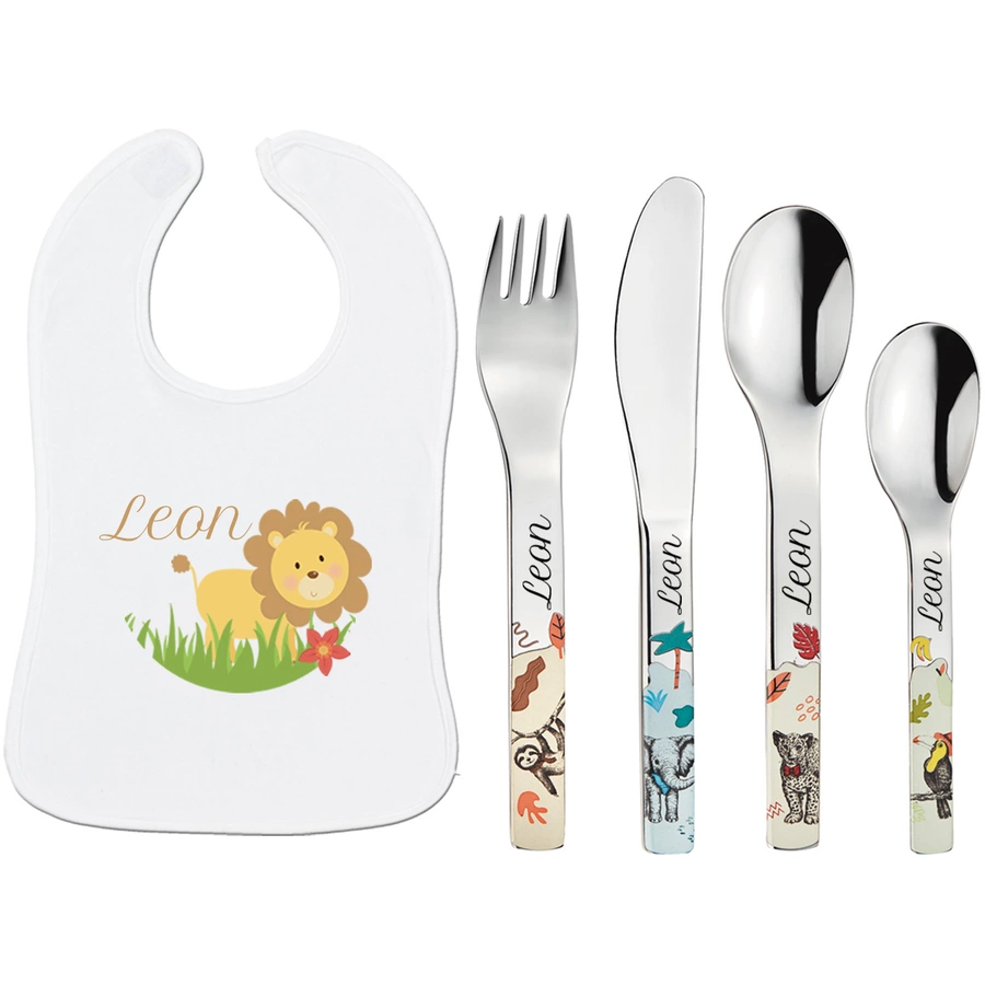 Schnullireich Geschenkset mit Namen Natura: Puresigns Kinderbesteck + Lätzchen Löwe Silber