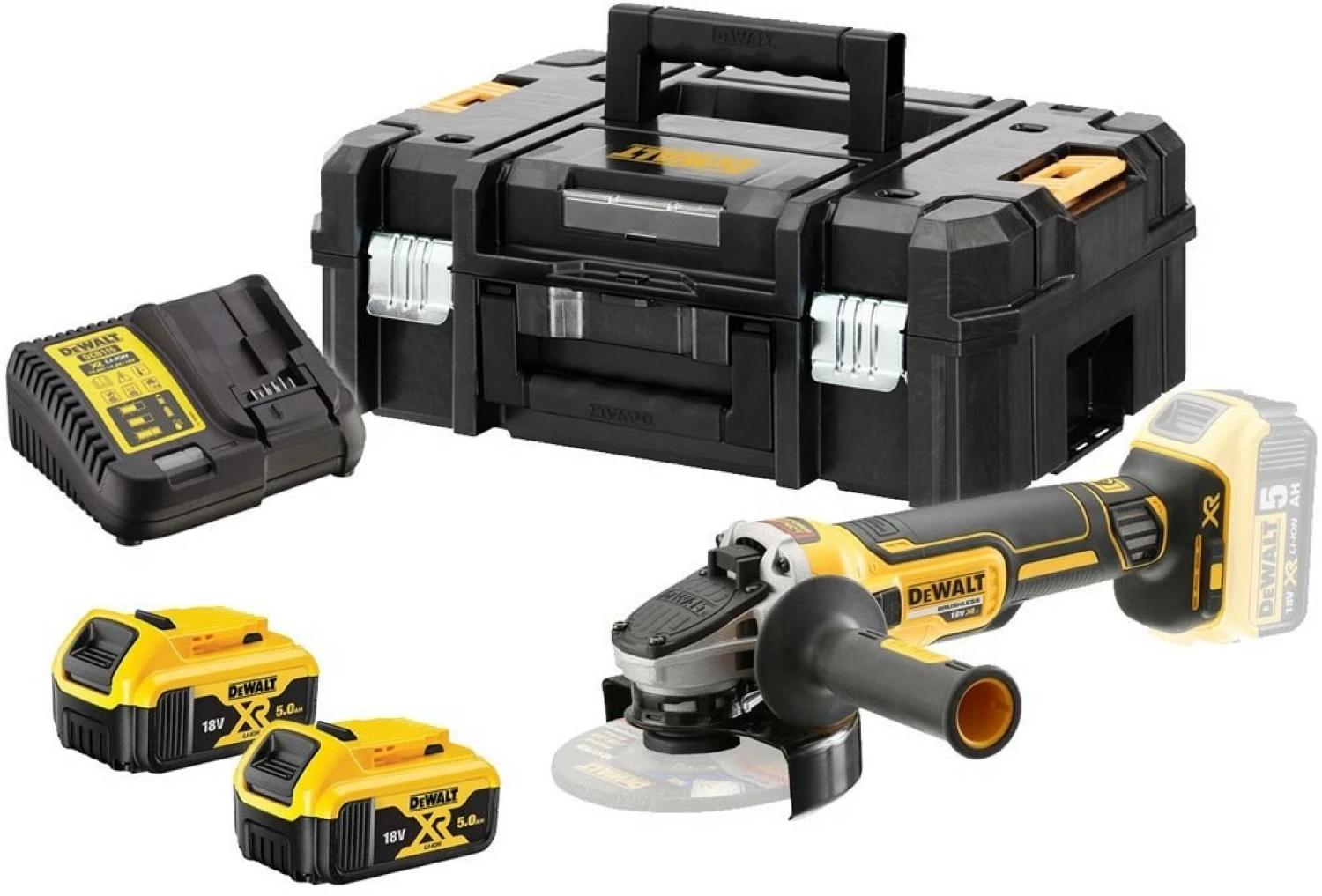DeWALT DCG405P2 18V Li-Ion accu haakse slijper set (2x 5.0Ah accu) in TSTAK - 125mm - koolborstelloos