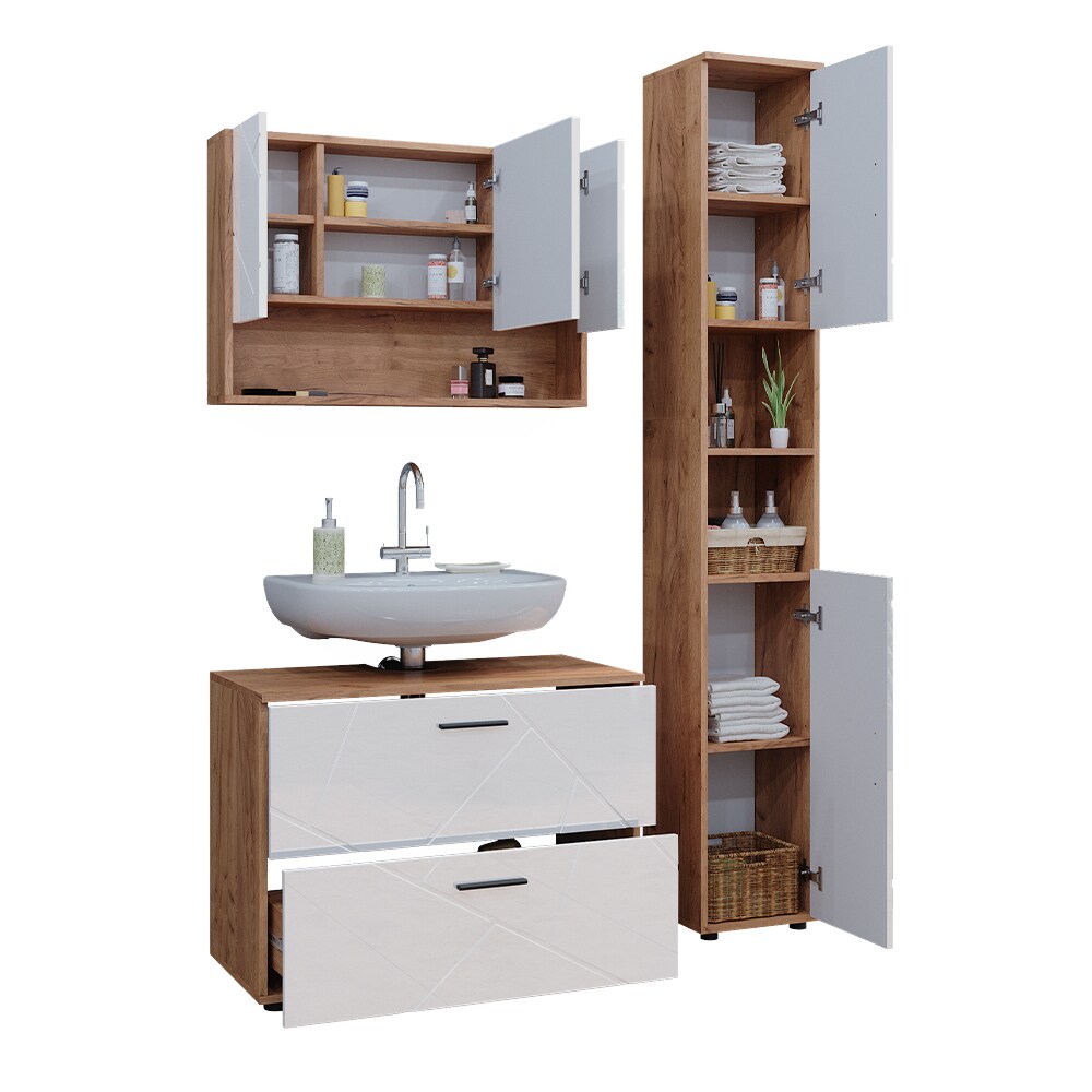Vicco Badmöbelset Irma Eiche Weiß Hochglanz modern 80 cm 30 cm Badezimmerschrank Badschrank Badezimmermöbel Waschtischunterschrank Spiegelschrank Hochschrank Schranktür Schrankfach Schrankschublade