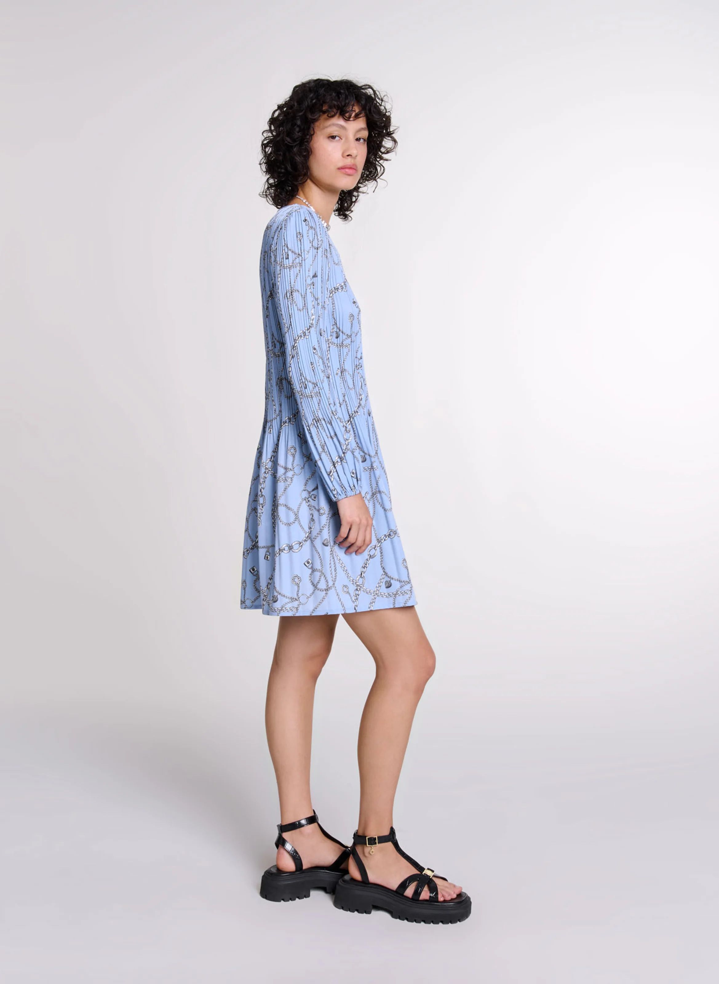 Robe courte col rond imprimée | Bleu