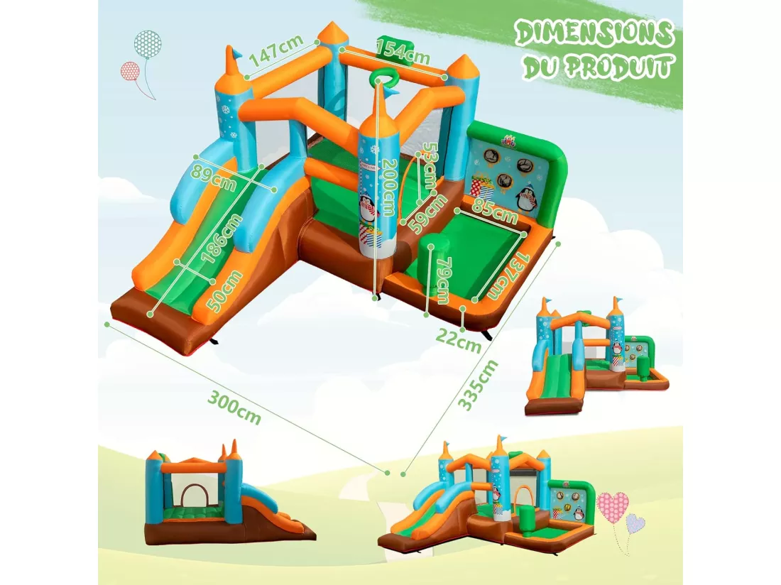 Château Gonflable avec Toboggan pour Enfants 3-12 Ans Thème Boisgouins, Aire de Jeux avec Panier de Basket-Ball Colonne de Boxe, 8 Piquets pour Cour Pelouse, Charge 90KG (sans Souffleur)