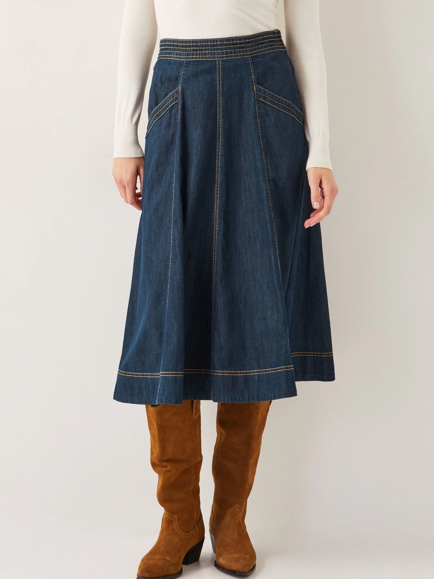 Blauw wit - Monsoon Harper Seamed Denim 100% Cotton Midi Skirt