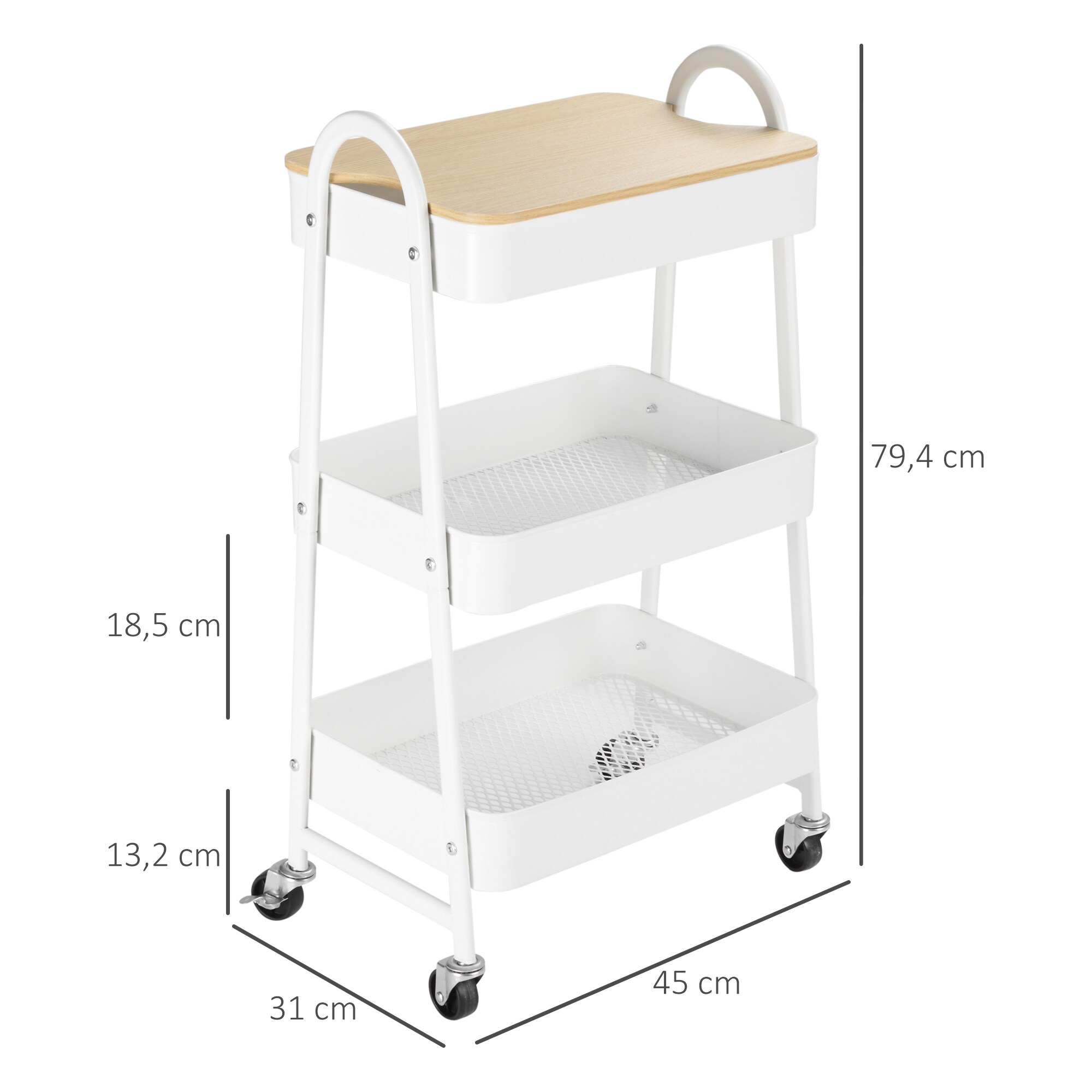 HOMCOM Küchenwagen mit 4 Universalräder weiß 45L x 31B x 79,4H cm