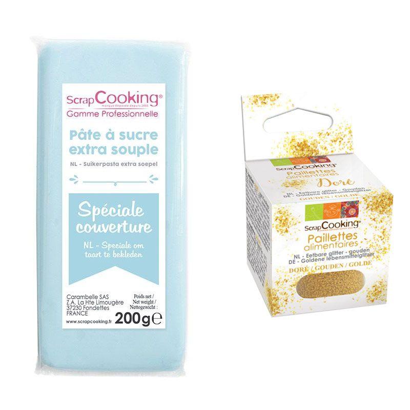 Pâte à sucre de couverture bleu clair 200 g + paillettes dorées Scrapc