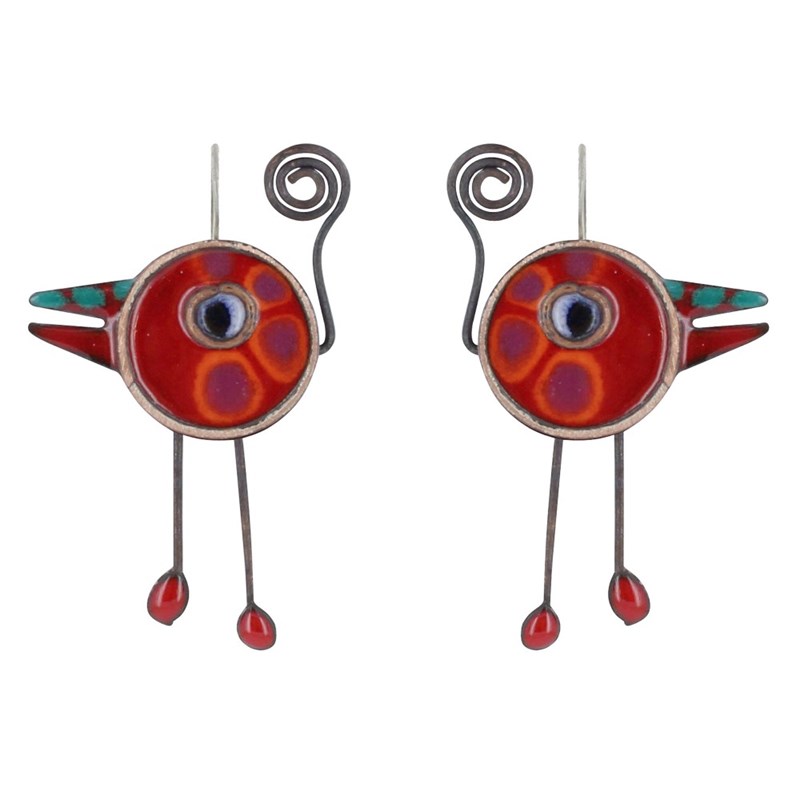 Boucles d'Oreilles Petits Oiseaux Émaillés Rouge