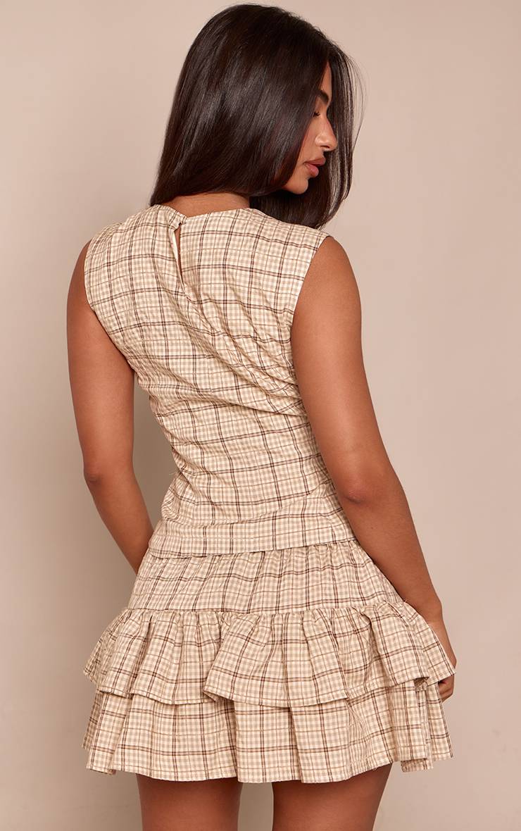 Beige Ensemble Coordonné Petite Chemise Ajustée Sans Manches Vichy