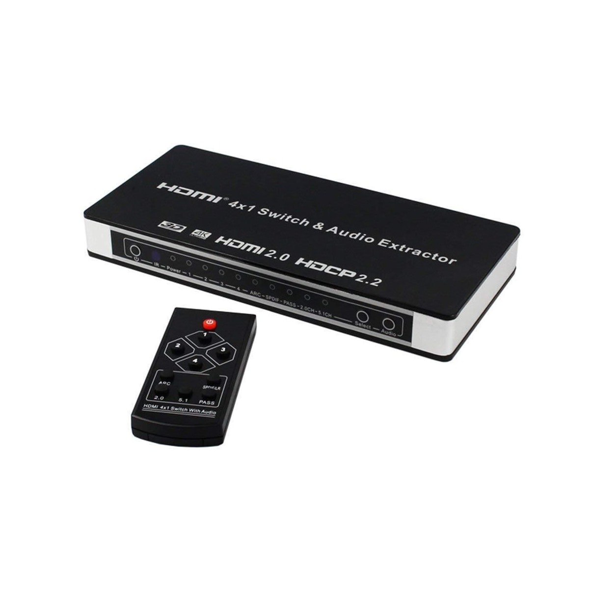 HDMI 4x1 koblingsboks og lyddeler UHD 4K 3D HDMI 2.0 ARC Toslink + RCA