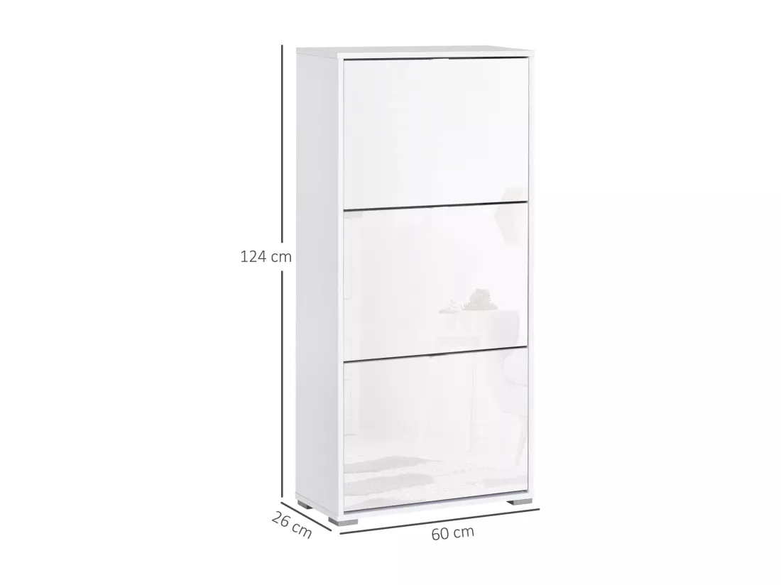 Meuble à chaussures 3 portes abattantes 3 compartiments MDF blanc laqué