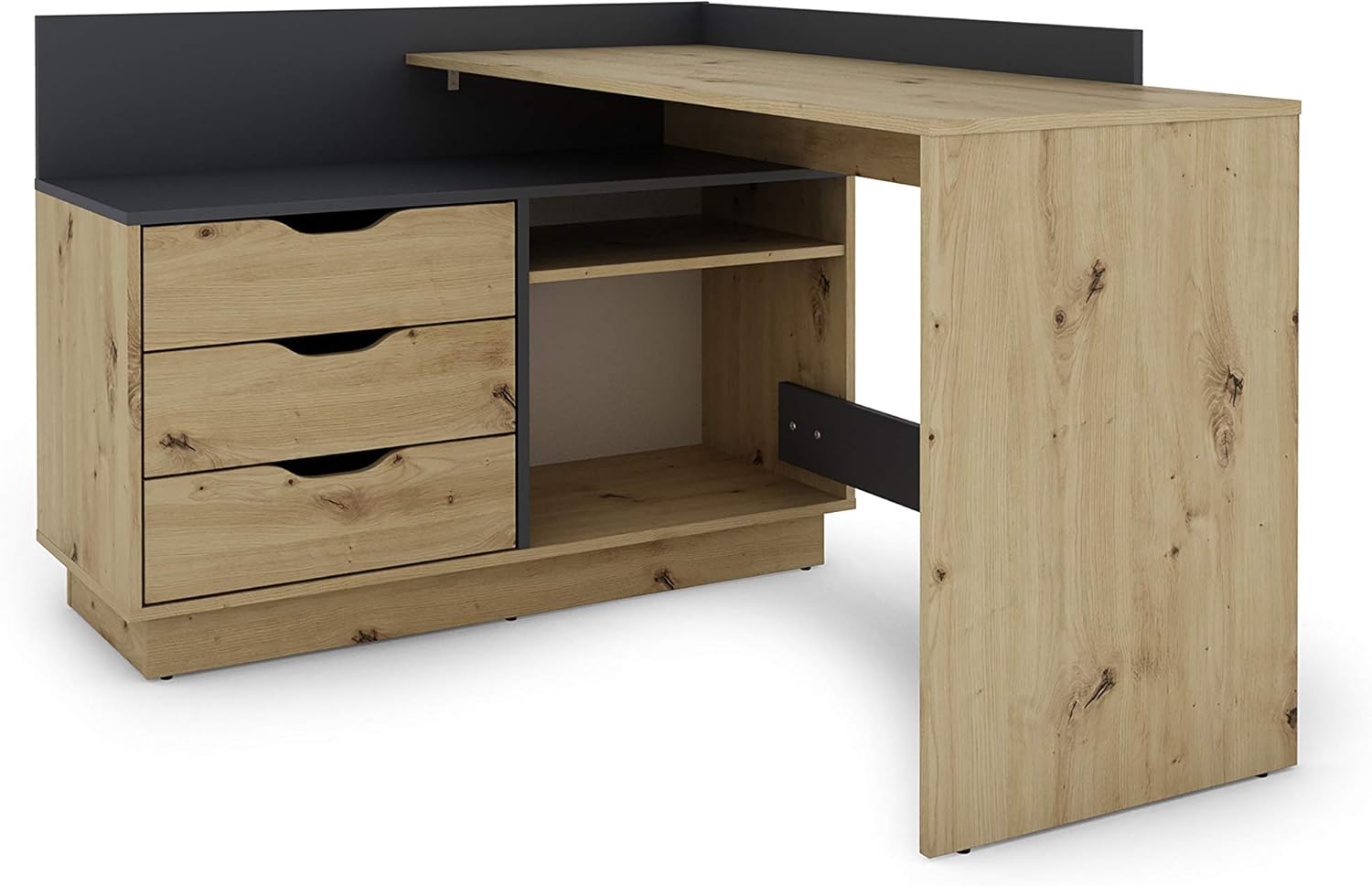 byLIVING Winkelschreibtisch Belfast/Rechts oder Links montierbar / 3 Schubkästen/Artisan Eichen-Optik - anthrazit/Bürotisch/Eckschreibtisch/Schreibtisch/B 129, H 83,5, T 105 cm