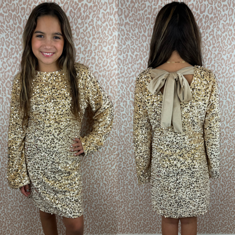 Beige/gold paillet & bow dress