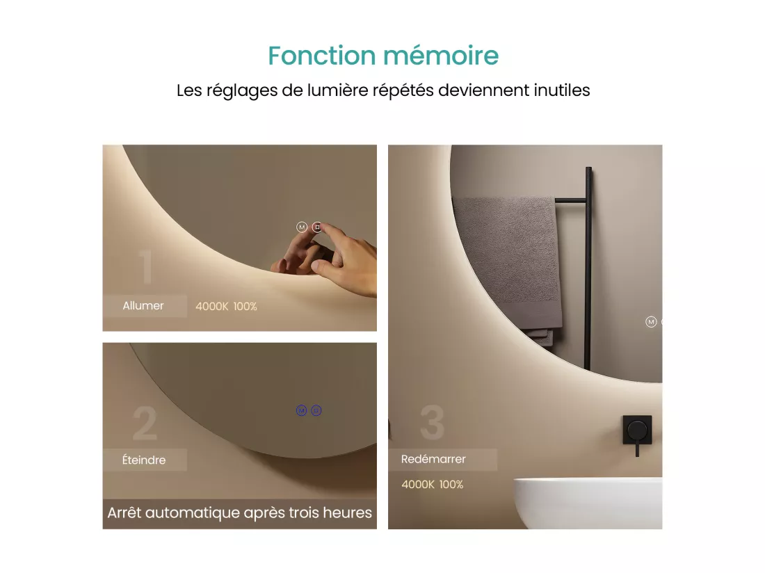EMKE Miroir lumineux salle de bain rond diamètre 70cm, rétro-éclairage sans cadre, Interrupteur Tactile, Miroir avec éclairage Froide/Neutre/Chaude