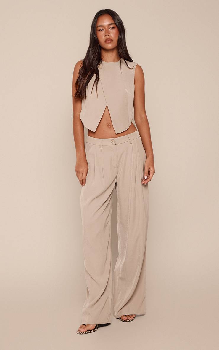 Kaki Pantalon Large Taille Mi-haute En Tissu Tissé Ajusté Ensemble Coordonné