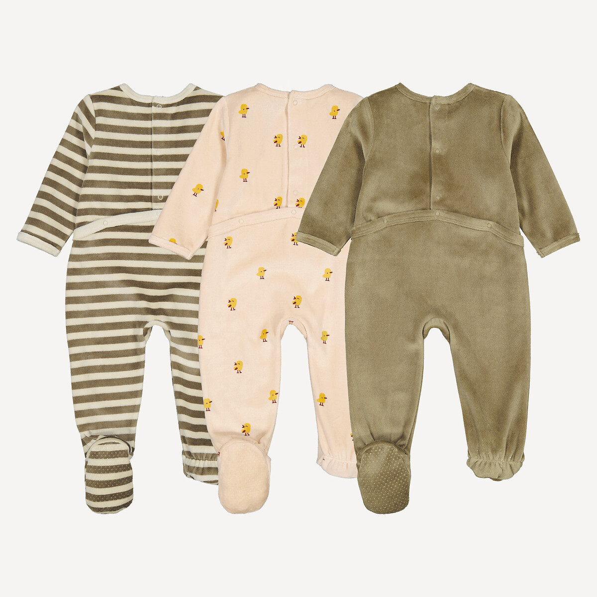 COLEÇÃO LA REDOUTE<br>Conjunto de 3 pijamas de veludo, modelo inteiriço, com estampa de pintinhos