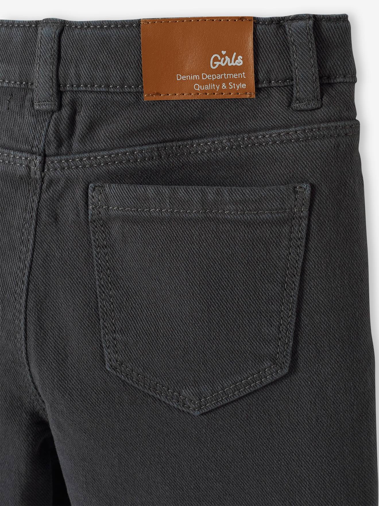 Calças boca de sino com bordados nos bolsos, calças pretas lisas para meninas com estampas.