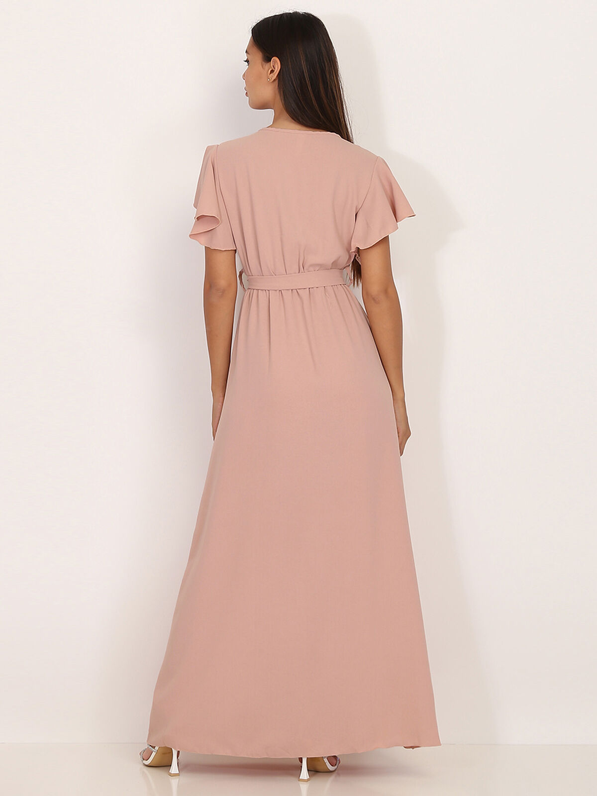 Robe longue fendue à col cache coeur- Vieux rose
