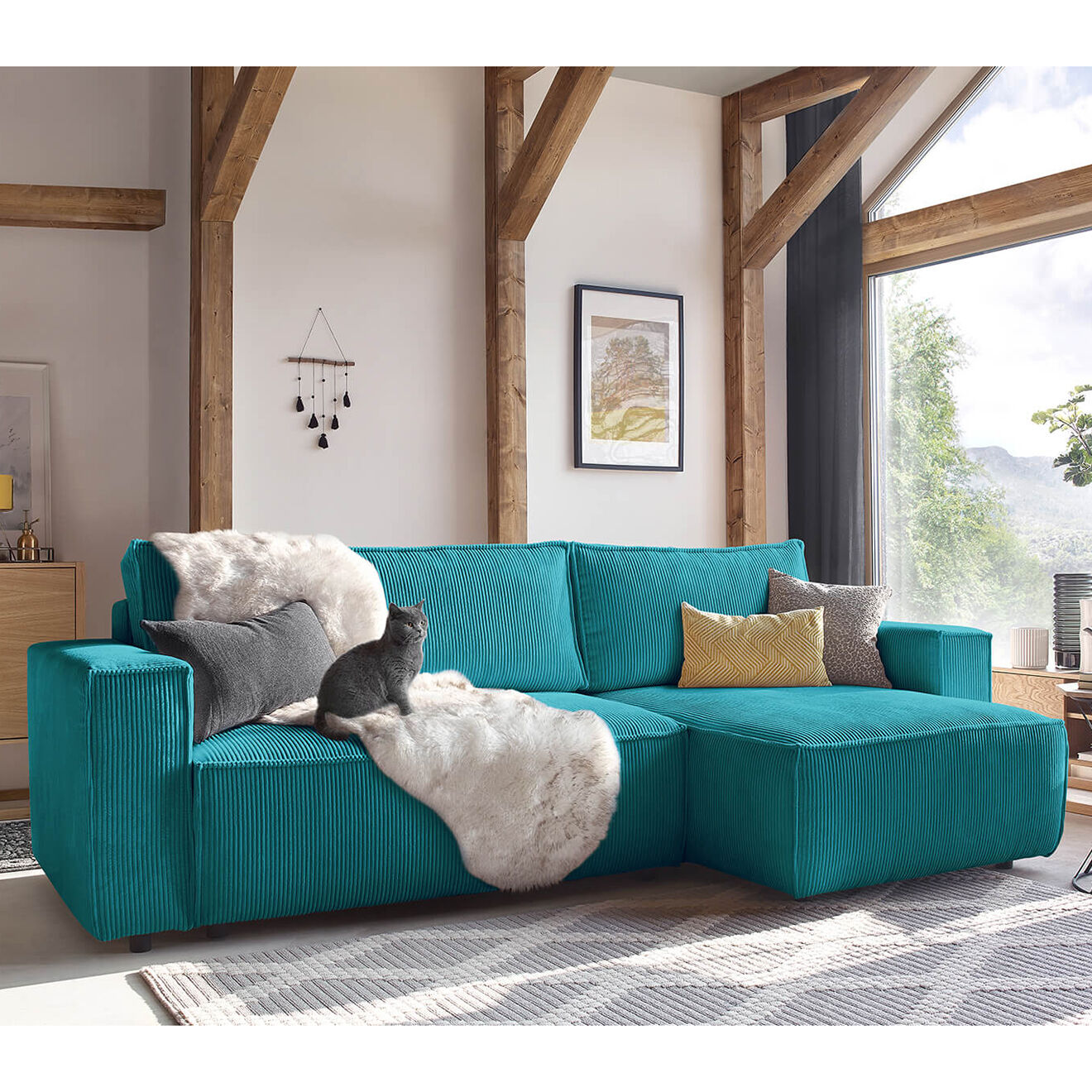 Bobochic Canapé d'angle convertible reversible Nihad en velours côtelé bleu foncé - 282x153 cm