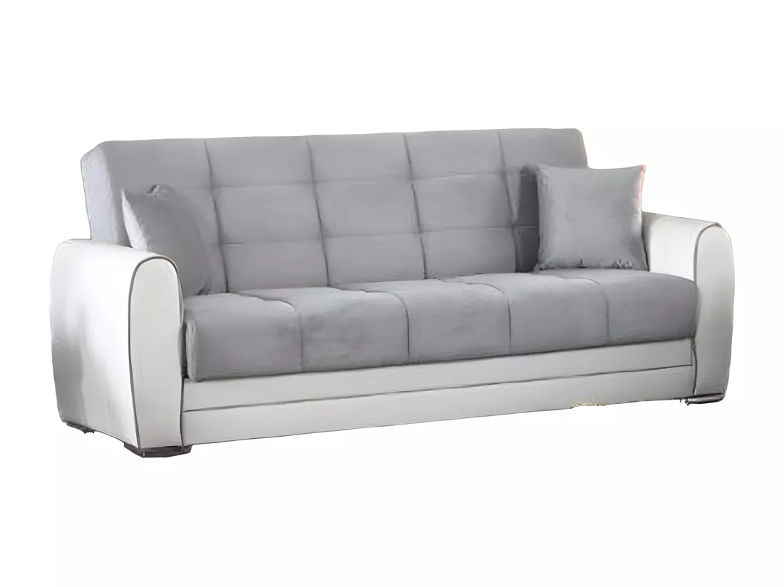 Canapé Luis, Canapé conteneur 3 places en éco-cuir et tissu, Canapé de salon en tissu rembourré avec ouverture clic-clac, 220x84h91 cm, Blanc et Gris