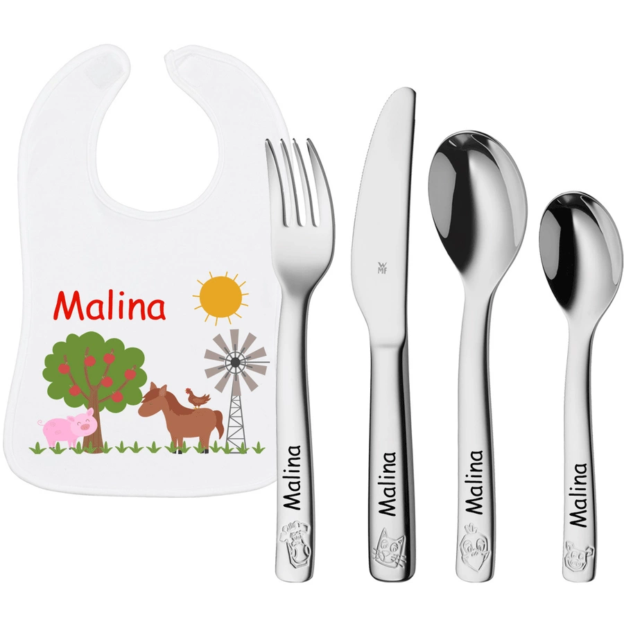 Schnullireich Geschenkset mit Namen WMF Kinderbesteck Farm + Baby Lätzchen Bauernhof Silber