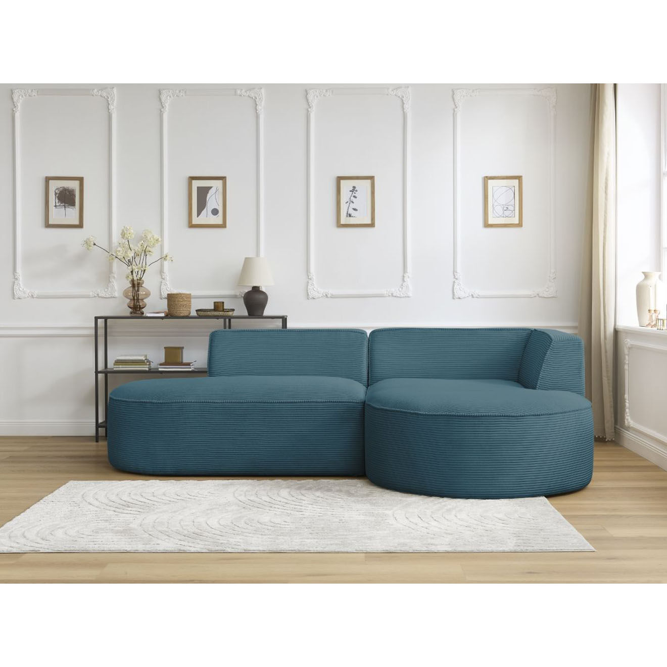 Bobochic Canapé d'angle droit fixe 4 places Rousseau texturé bleu foncé - 250x160x72 cm