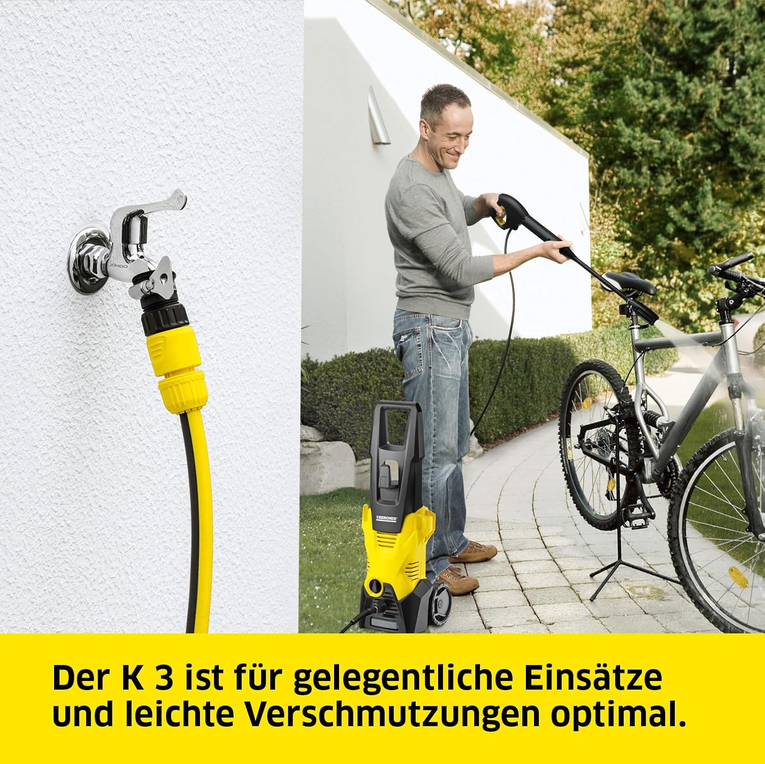 Kärcher Hochdruckreiniger K 3: für leichte Verschmutzungen an Fahrrädern, Gartenzäunen, Motorrädern & Co. Flächenleistung 25 m²/h. Mit Pistole, 6 m Hochdruckschlauch und Vario Power-Strahlrohr Gelb
