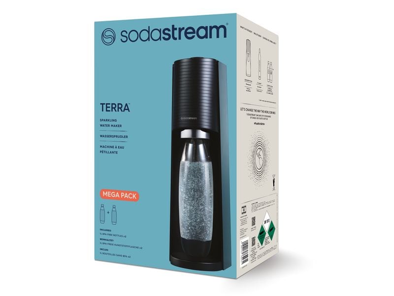 Sodastream Wassersprudler Terra Schwarz, Megapack Wassersprudler mit Fuse Kunststoffflasche