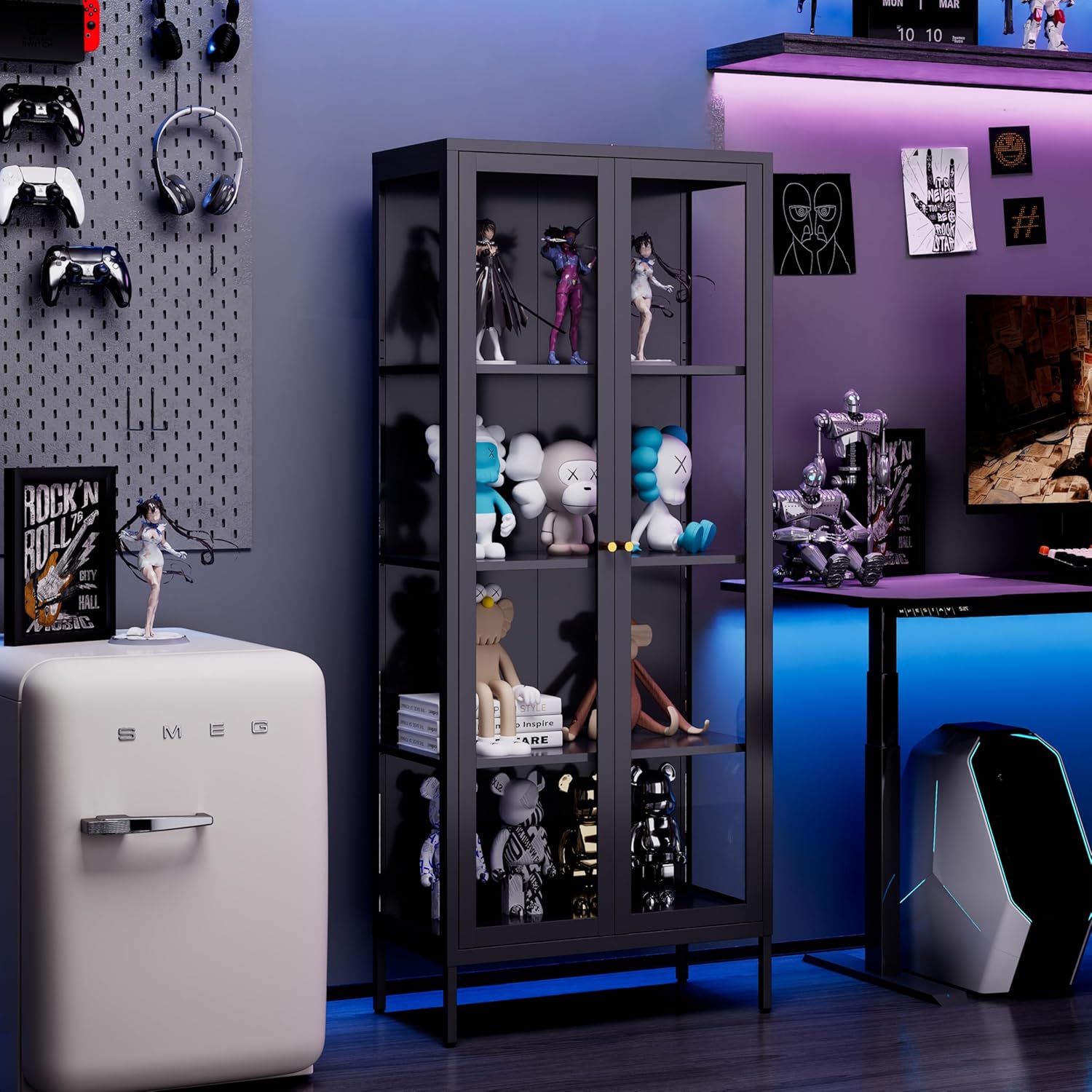 Vitrine mit Glastüren,Glasvitrine Stehend Vitrinenschrank mit 3 höhenverstellbaren Fachböden, Sammlervitrine Glasschrank für Wohnzimmer Schlafzimmer Wein Büro, Schwarz(35x70x168cm)