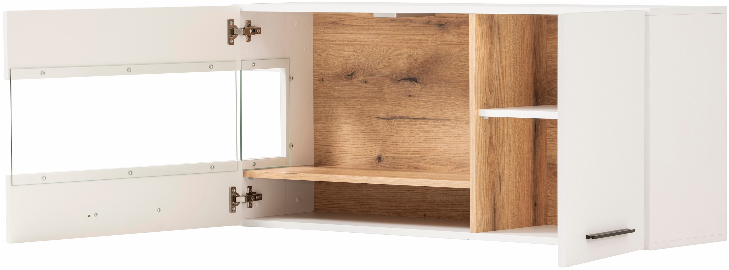 INOSIGN Hängevitrine »Salerno Hängeschrank, Glasvitrine, Weiss mit Eiche Evoke Dekor, modern.« Metallgriffe, ausreichend Stauraum, vielseitig einsetzbar, 120cm breit