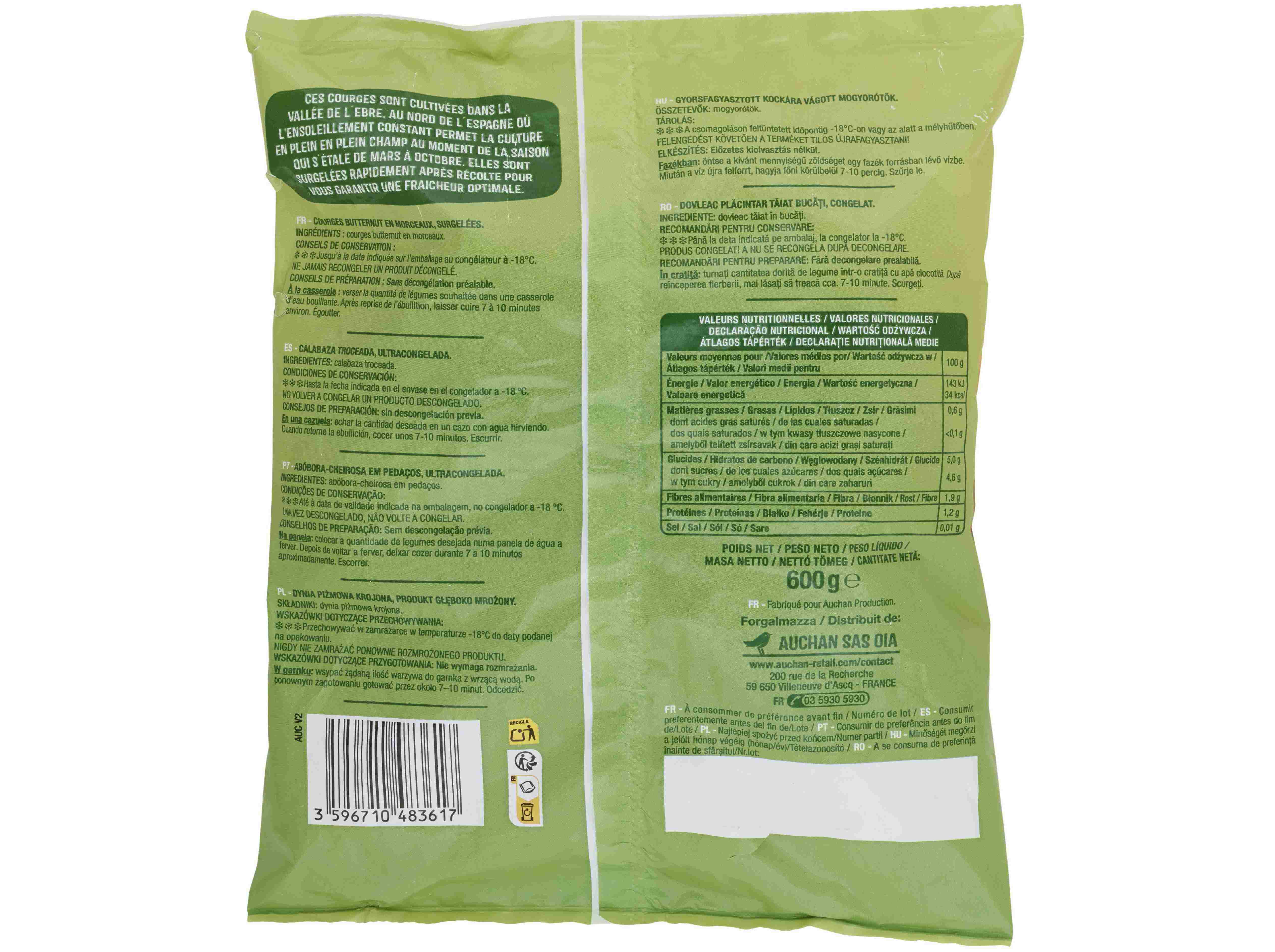 ABÓBORA BUTTERNUT AUCHAN EM PEDAÇOS 600 G