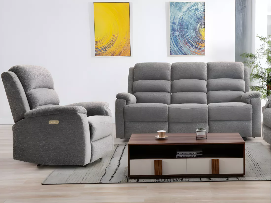 Canapé 3 places et fauteuil relax électrique en tissu anthracite NEVERS