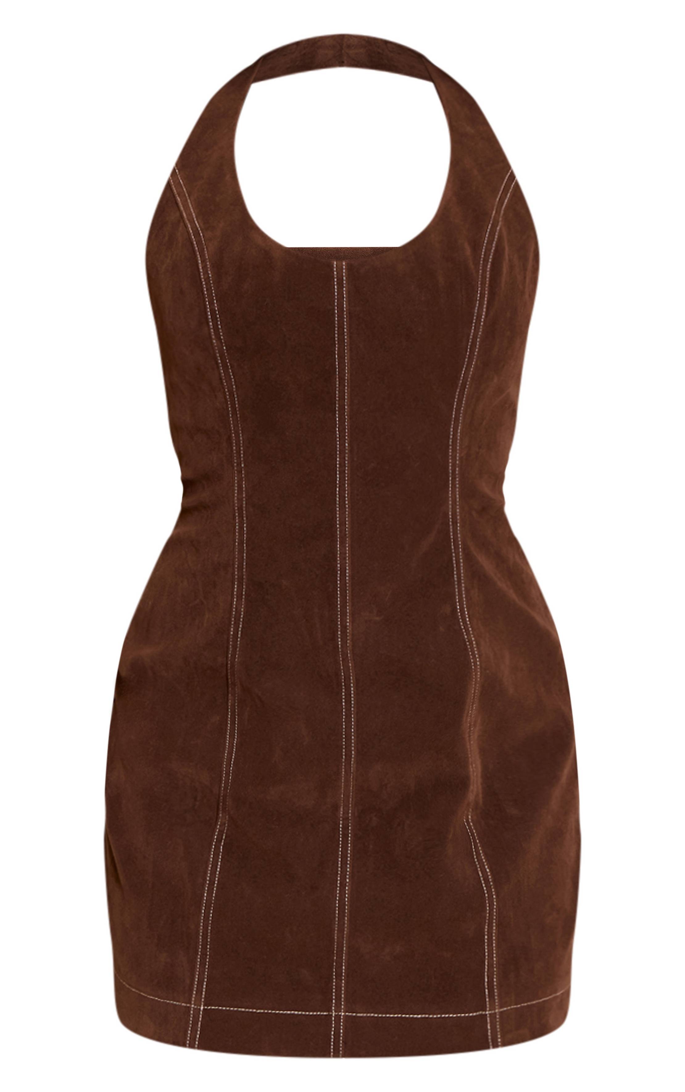 Chocolat Robe Mini Ajustée En Synthétique À Col Licou Petite
